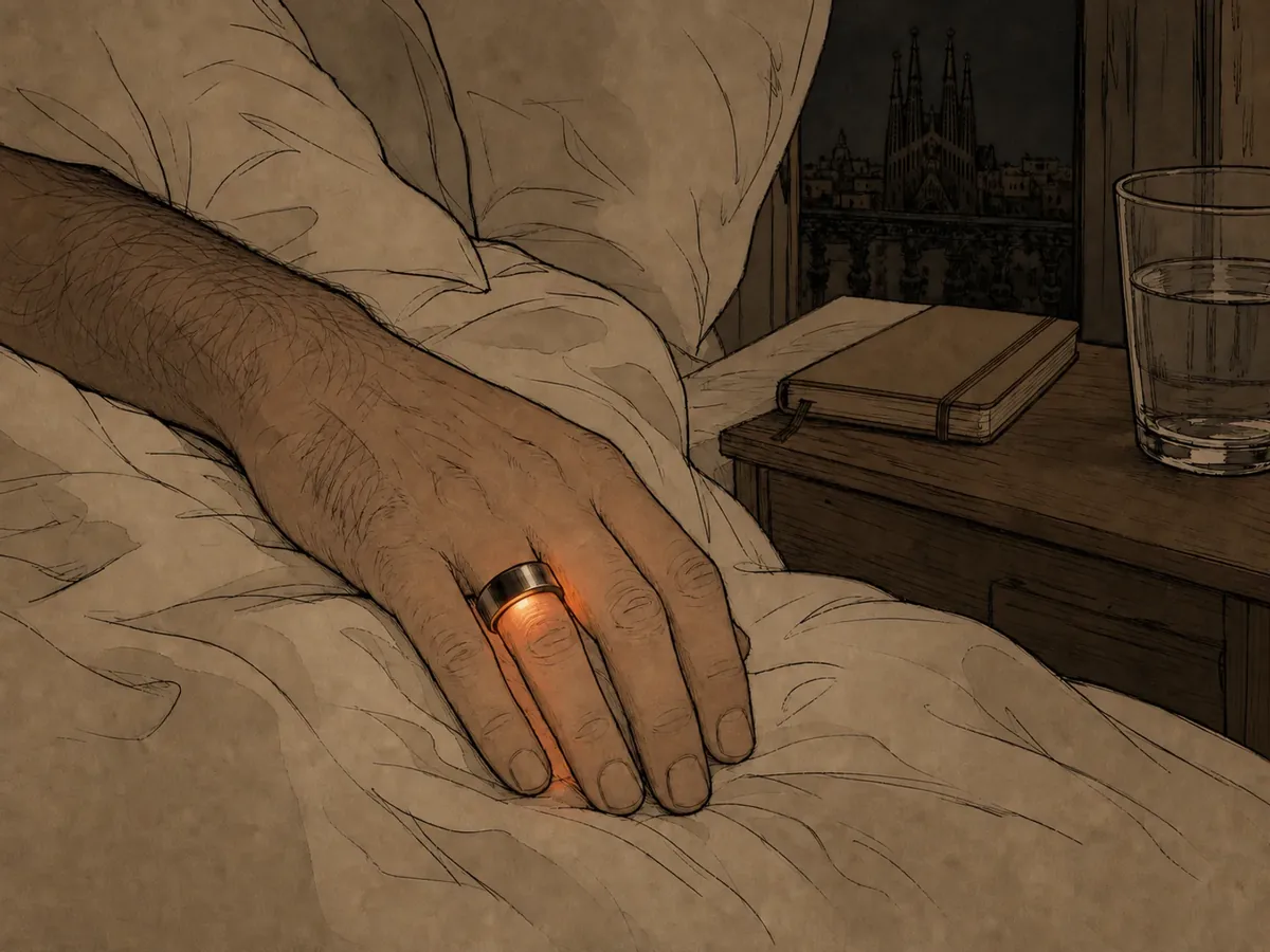 A hand resting on a nightstand at night, a small ring glowing on the finger, a notebook and glass of water beside it, the Sagrada Familia visible through the window. Check It Oot.